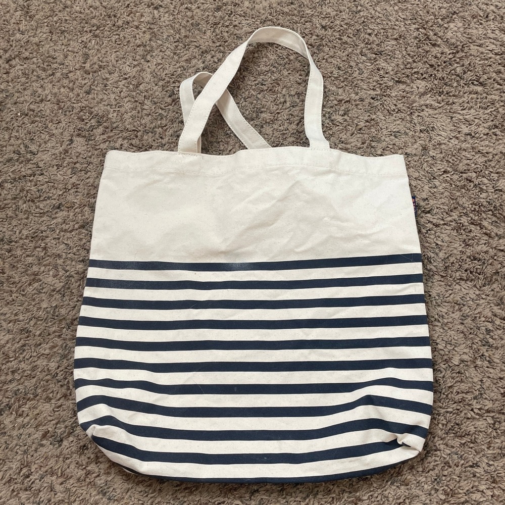 J.Crew Re-Imagined Canvas Tote Bag‎ Cream Navy Blue Striped Nautical READ